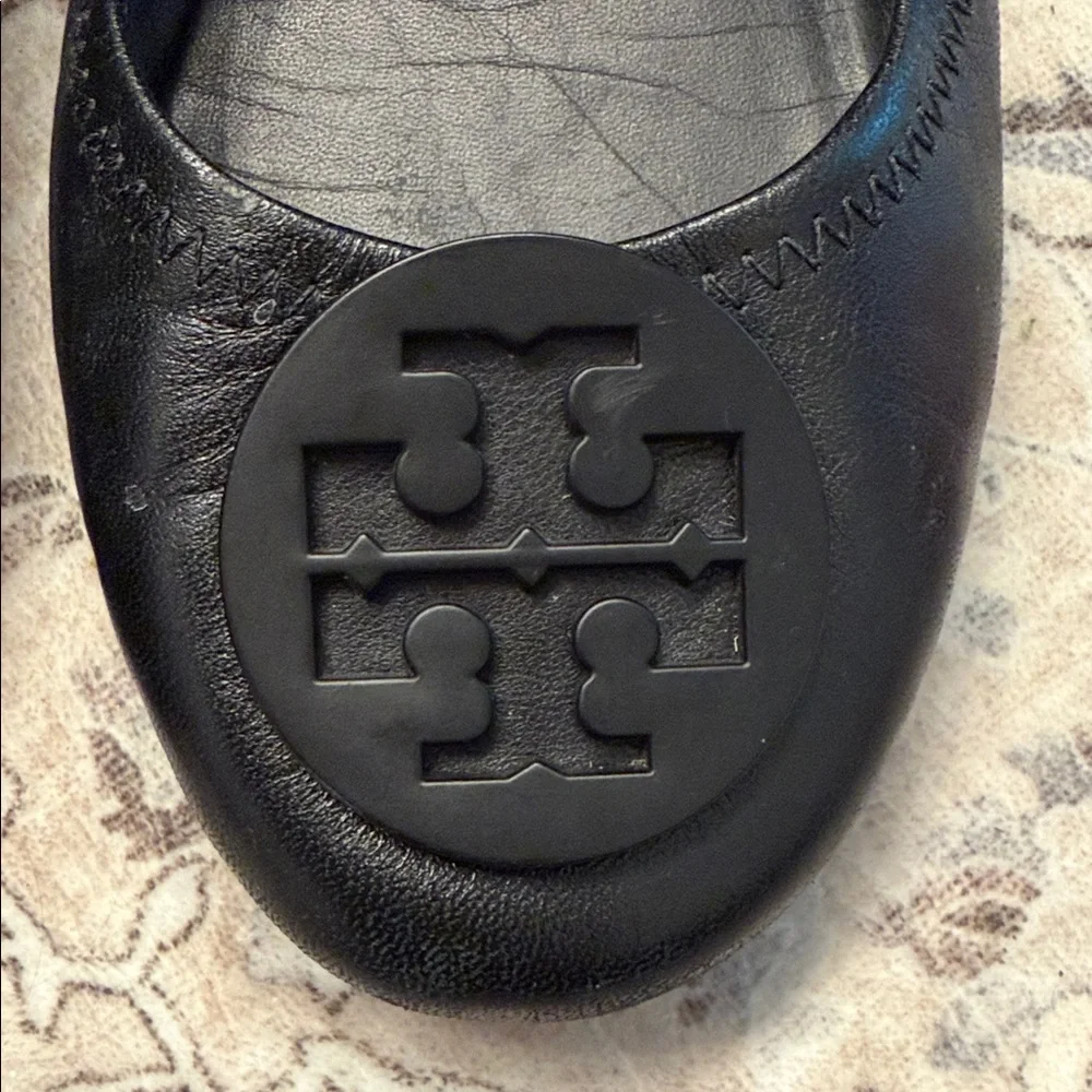Tory Burch Black Logo Leather Ballet Flats
